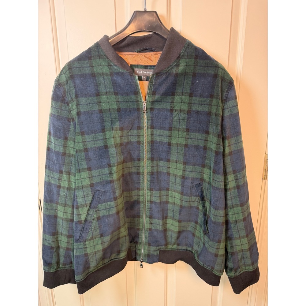Paul Fredrick Mens 3XL Black Watch Plaid Velvet Bomber Jacket Green Navy Zip